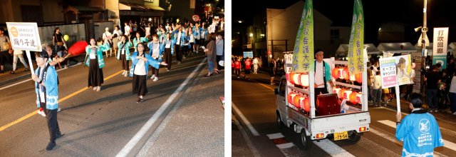 △沿道の方々の声援を受けて踊りを披露する「鳥取看護大学・鳥取短期大学踊り子連」