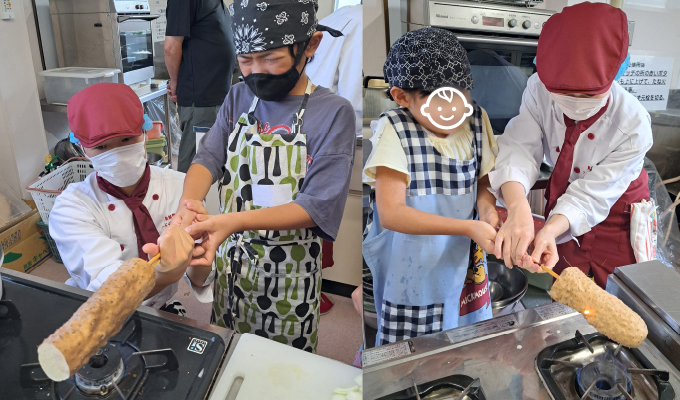 ▲ねばりっこのヒゲを恐る恐る焼いているところ。菜箸を刺すのは子どもたちのアイデア！